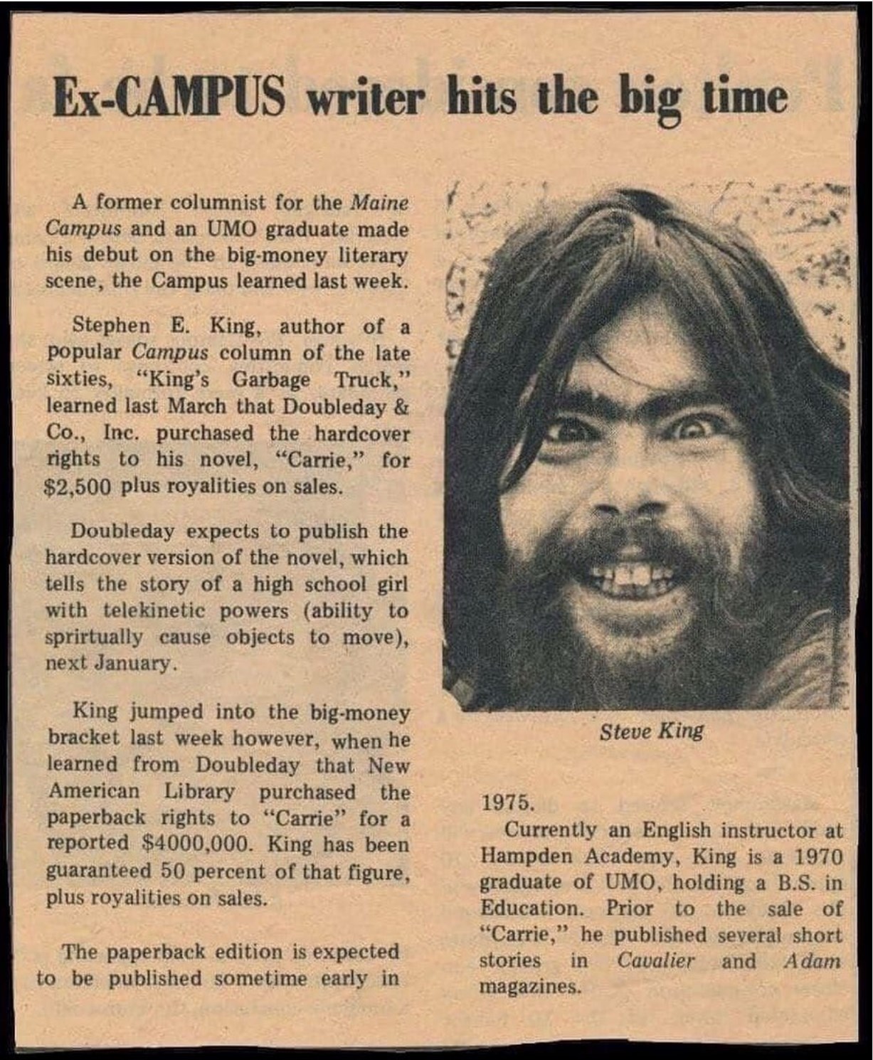 Article on Stephen Kings first book with photo of Stephen King