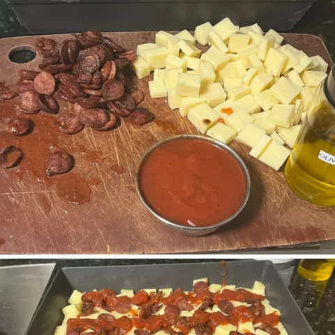 photo of Detroit pizza preparation