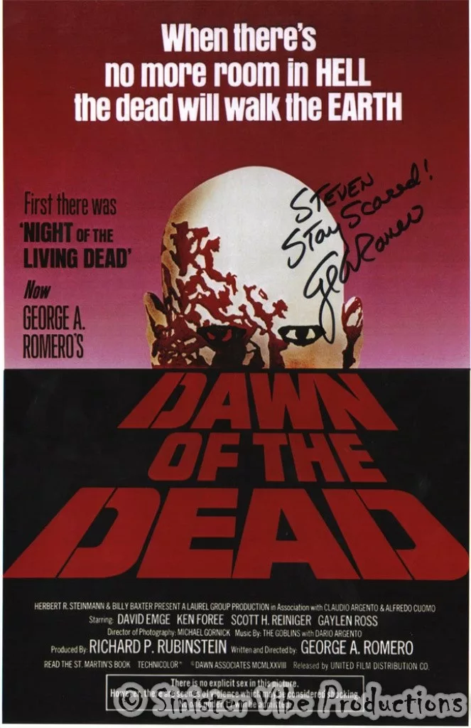 Dawn of the Dead film poster signed by George A. Romero