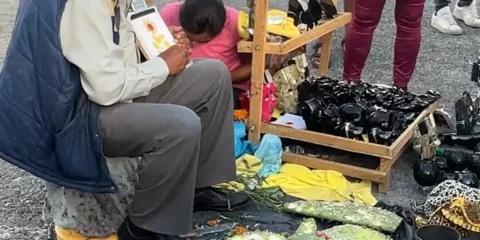 photo of Mexican man painting with cactus leaves.