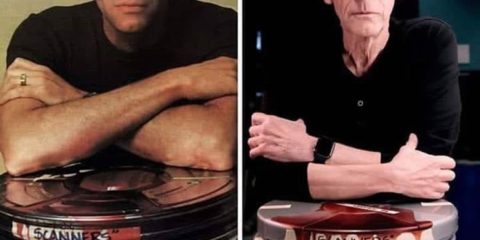 photo of old and young David Cronenberg on bloody film cans