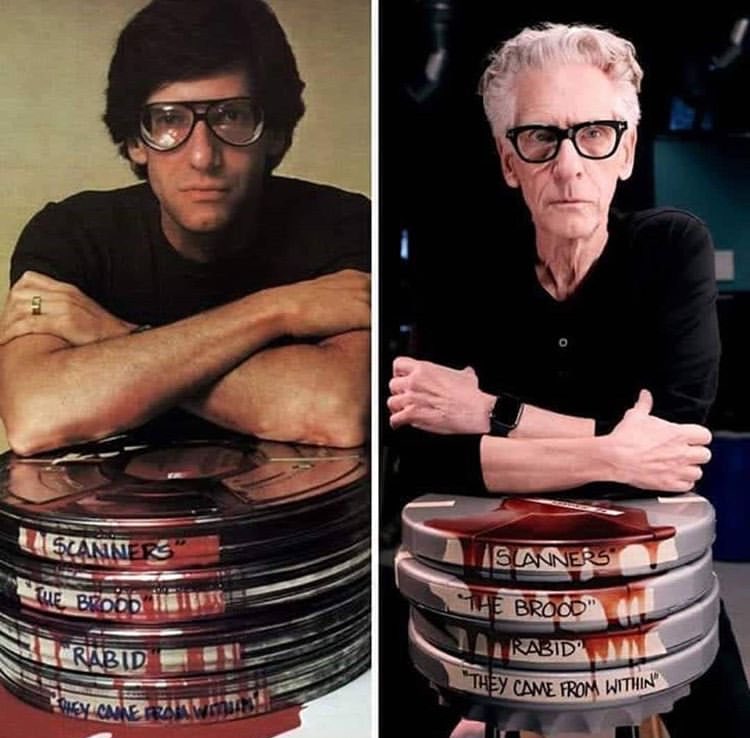 photo of old and young David Cronenberg on bloody film cans