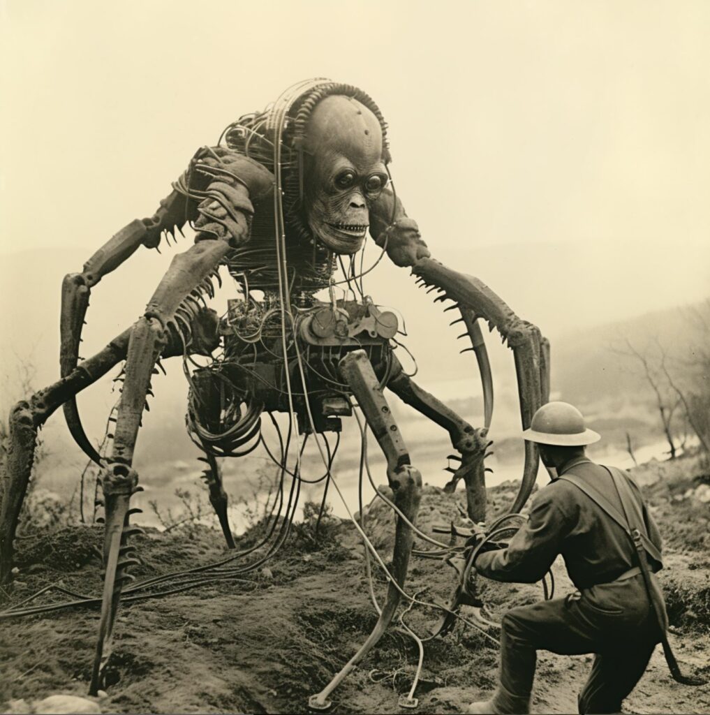 photo of bio mechanical creature and British solider.