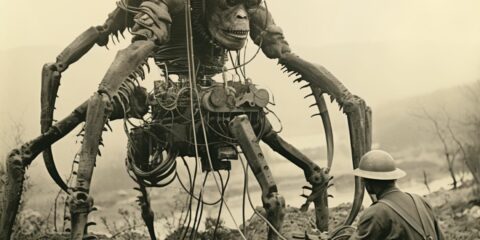photo of bio mechanical creature and British solider.