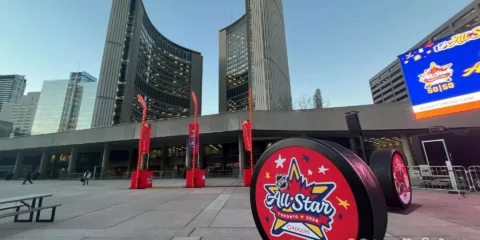 photo of 2024 NHL All-Star Weekend setup at Nathan Phillips Square