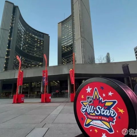 photo of 2024 NHL All-Star Weekend setup at Nathan Phillips Square