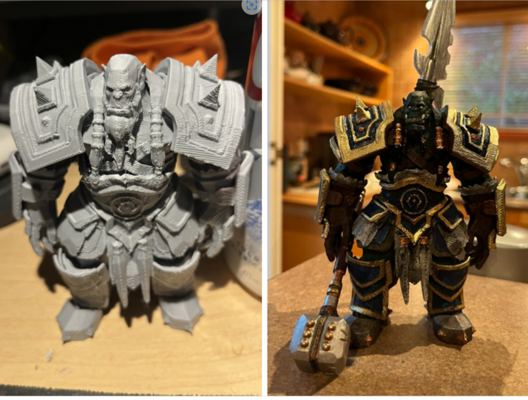 Before and after photo of Thrall 3d print detailed work.