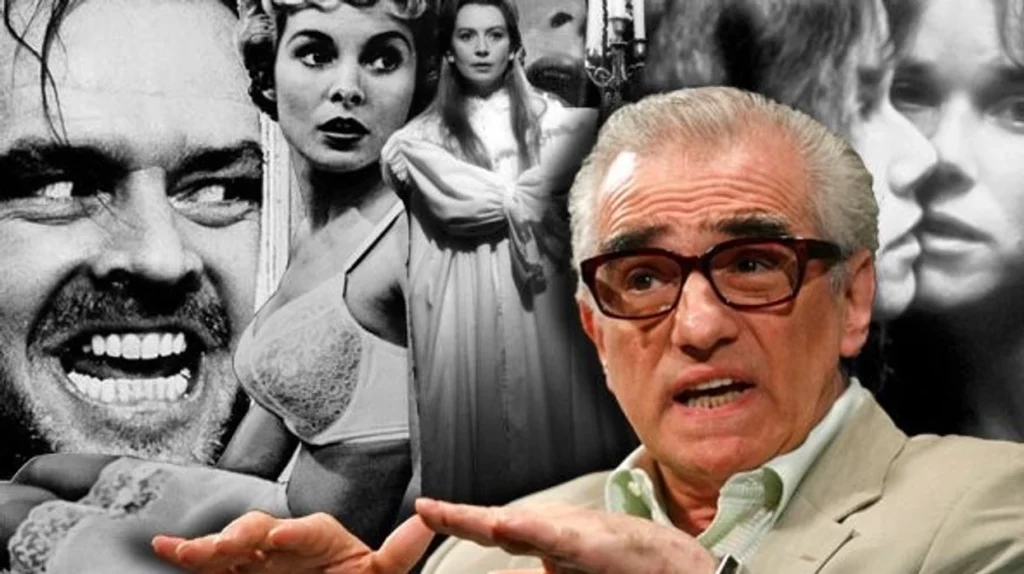 Photo of Martin Scorsese in front of horror film montage