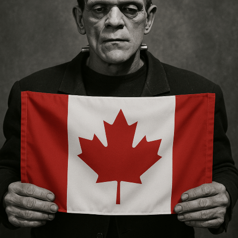 photo of Frankenstein's monster holding a Canadian flag
