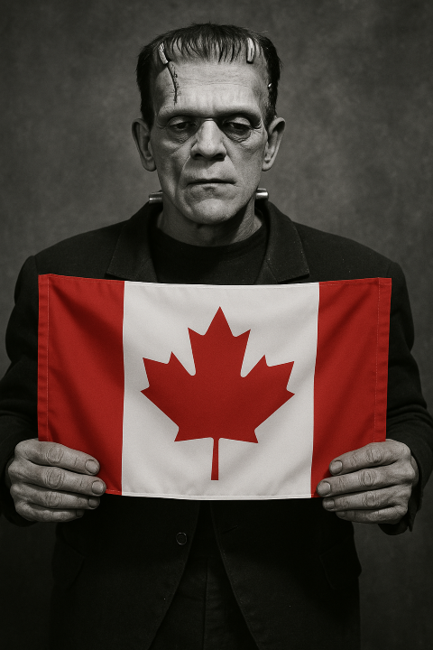 photo of Frankenstein's monster holding a Canadian flag