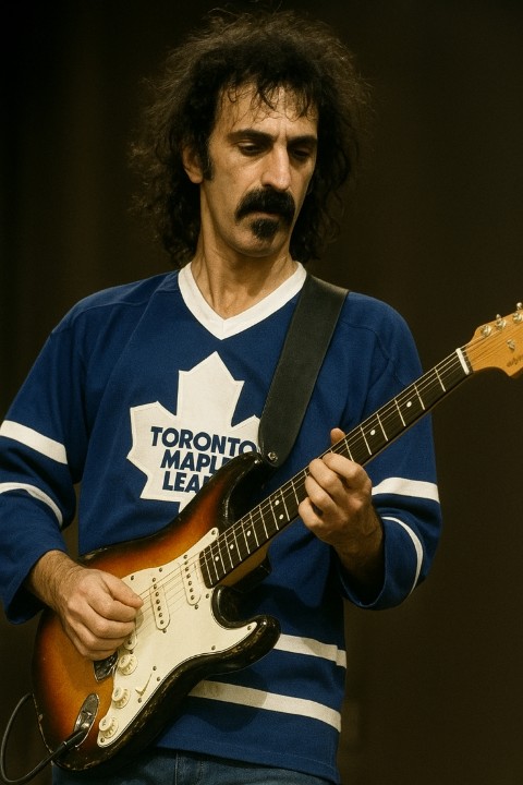 Frank Zappa in Toronto Maple Leaf jersey playing guitar