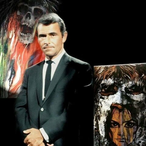 photo of Rod Serling standing in front of Night Gallery paintings